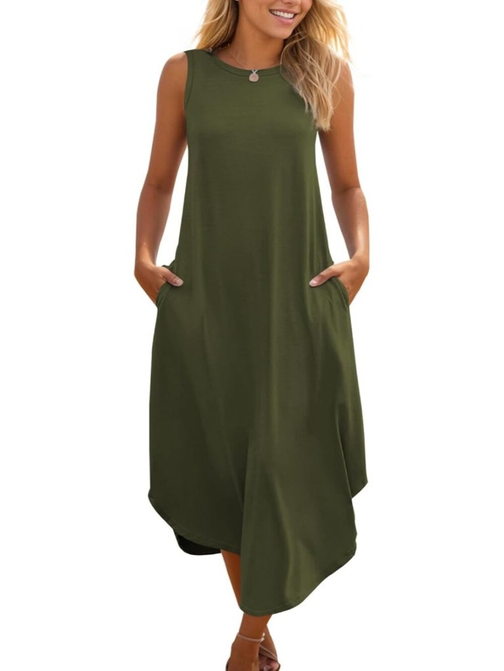 Women's Green Casual Summer Sleeveless Dress Beach Sundress Split Long Dress